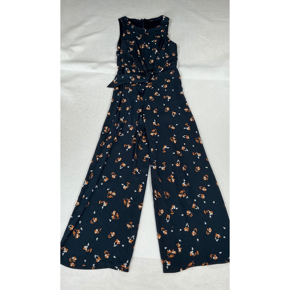 Lily Black Navy Blue Floral Wide Leg Tie Front Jumpsuit Small J542077139